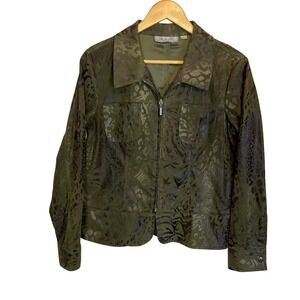 Birch Hill Womens Size 6 Animal Print Jacket Olive Green Zipper Closure Pockets